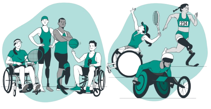 Grupo de pessoas com deficiência em diversos esportes